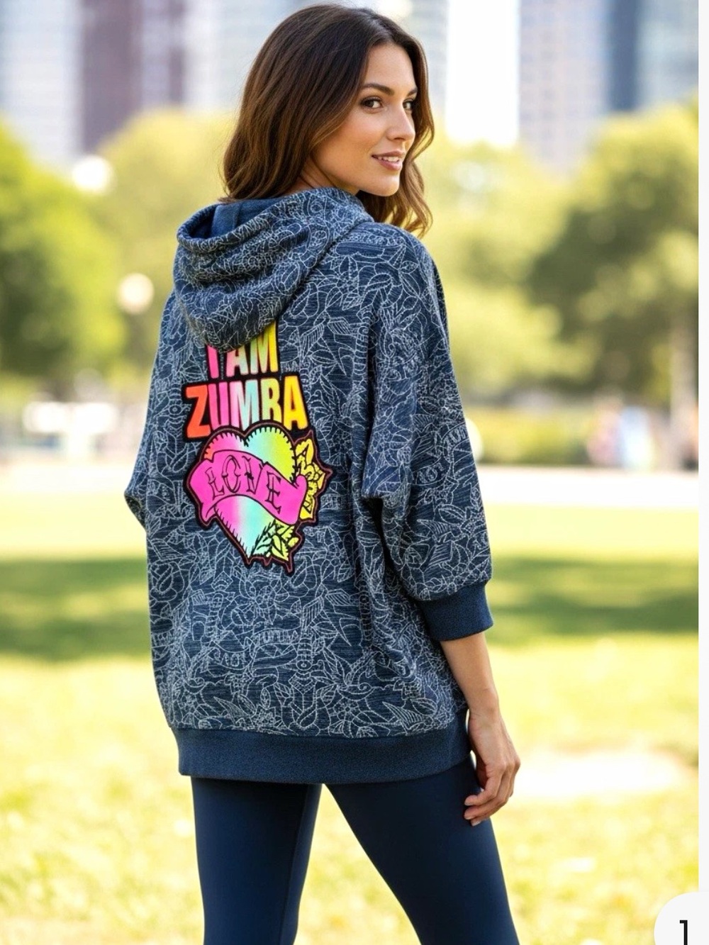 Zumba WE AR Blue Graphic Print Lace-Up Hooded Pullover Hoodie Women Size L